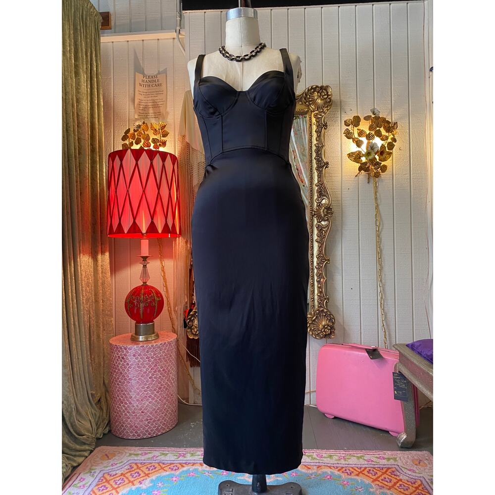 vintage y2k black satin wiggle dress corset style bodycon pencil bombshell s vlv